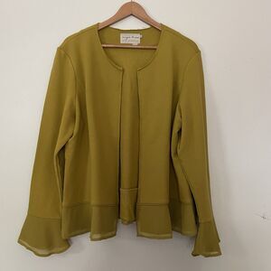 Evy's Tree 2X Open Front Jacket Blazer Mustard Yellow Ruffle Classic Raw Hem